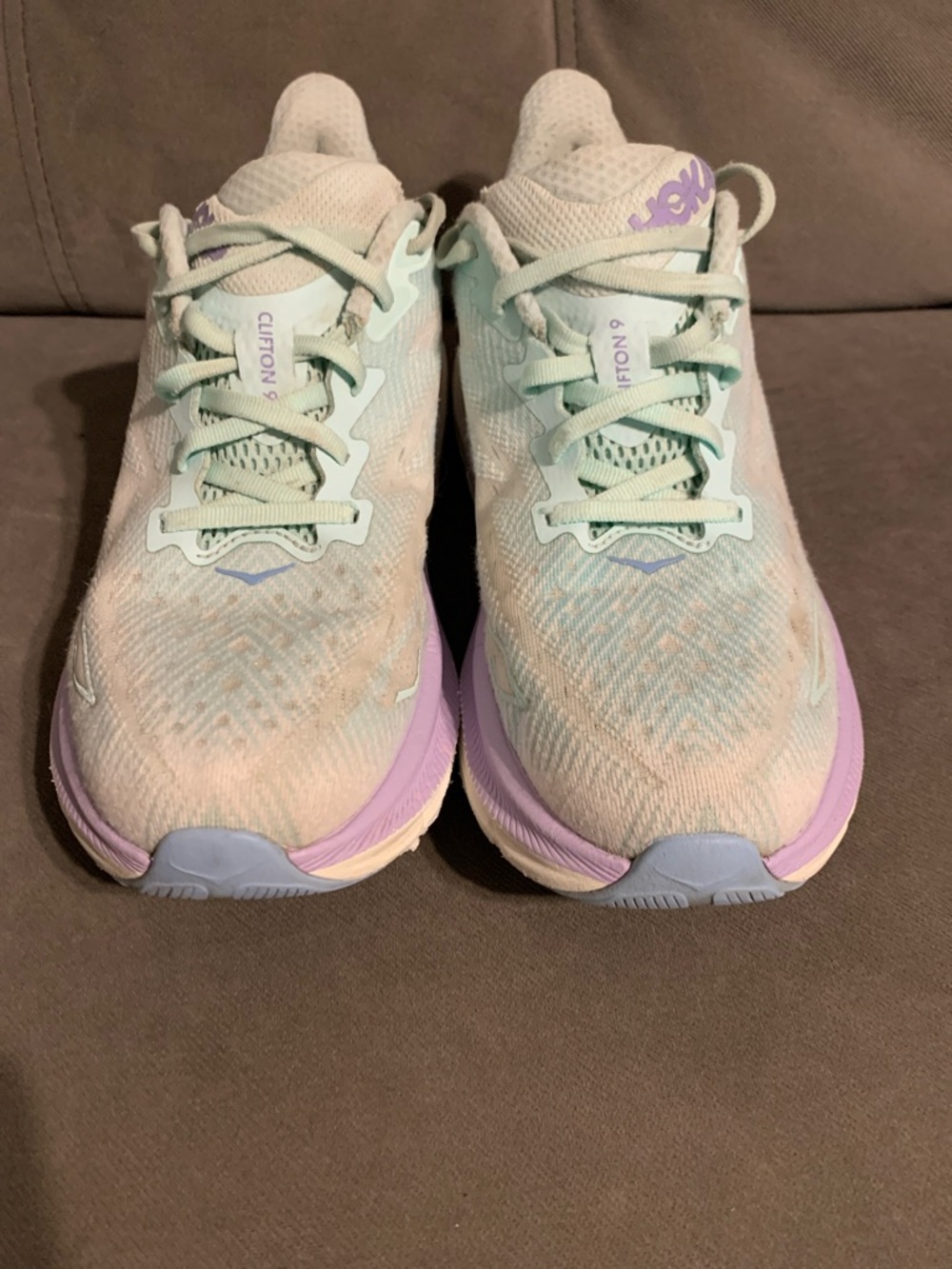 Hoka Clifton 9 Women's Running Sneakers in Mint and Lavender Accents - Picture 2 of 7